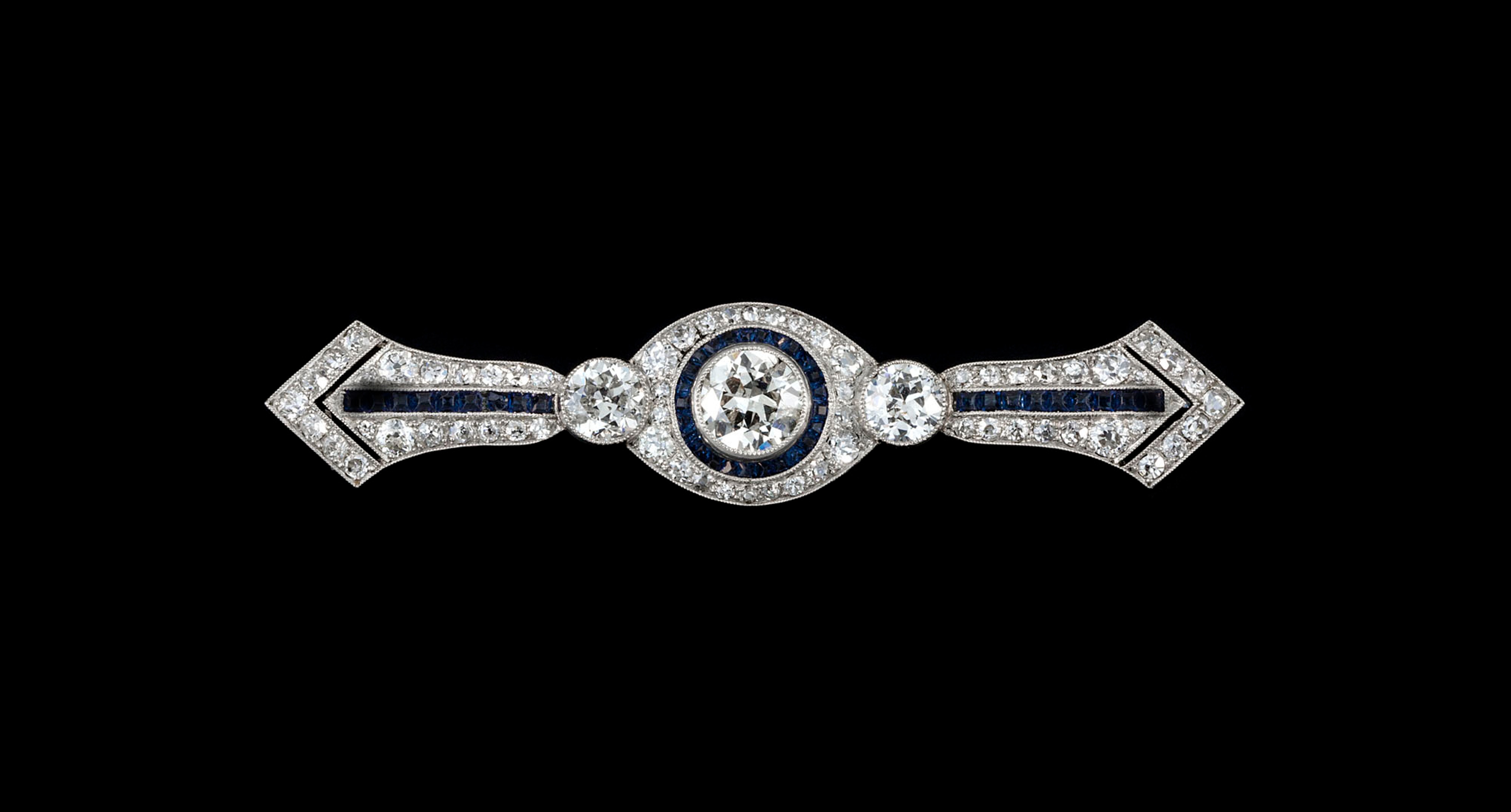 Broche Art Déco XXL Sertie De Strass Vert - Laiton/argent Massif - Occasion