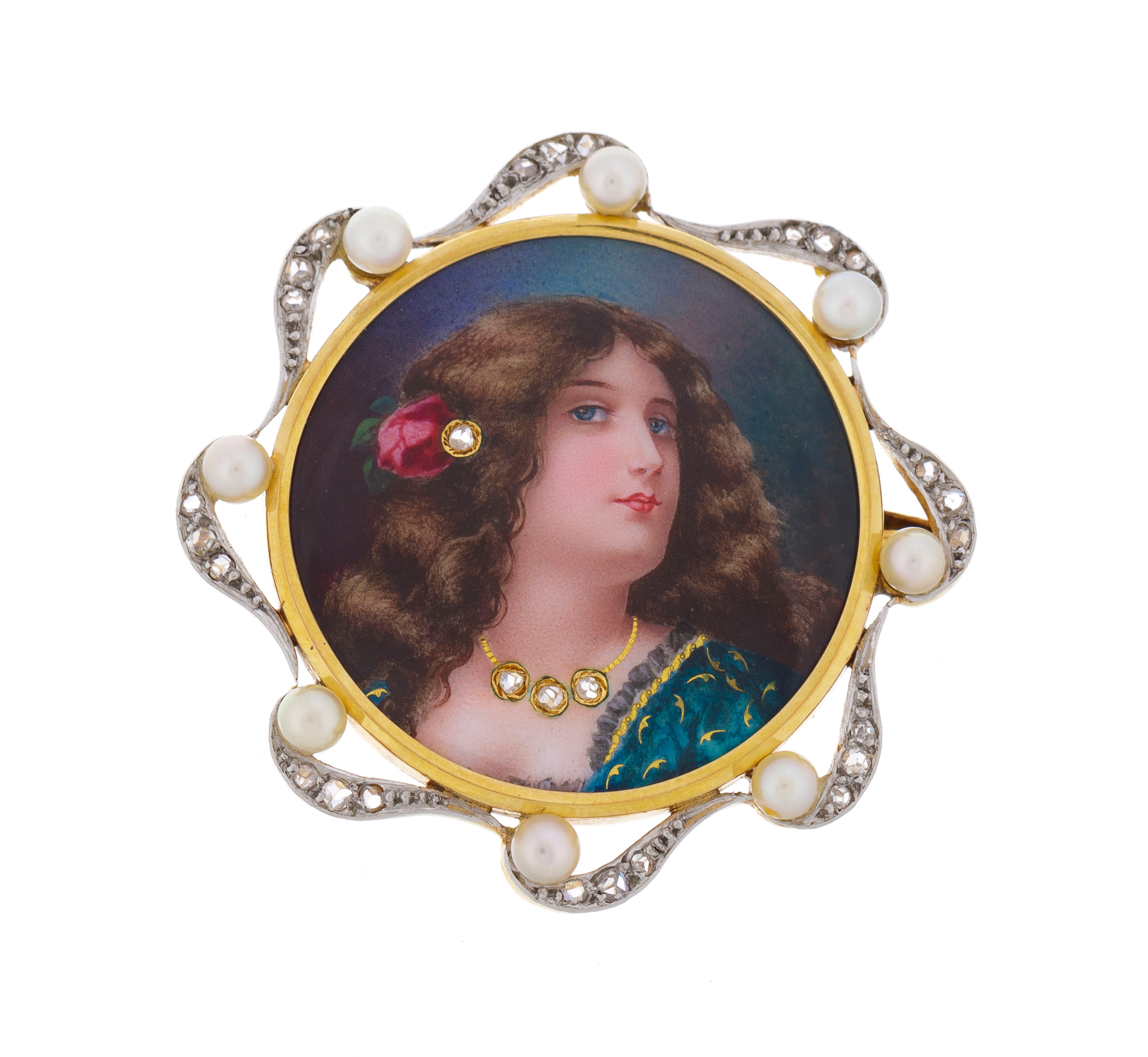 Broche ancienne victorienne peinture sous verre jeune fille et oiseau