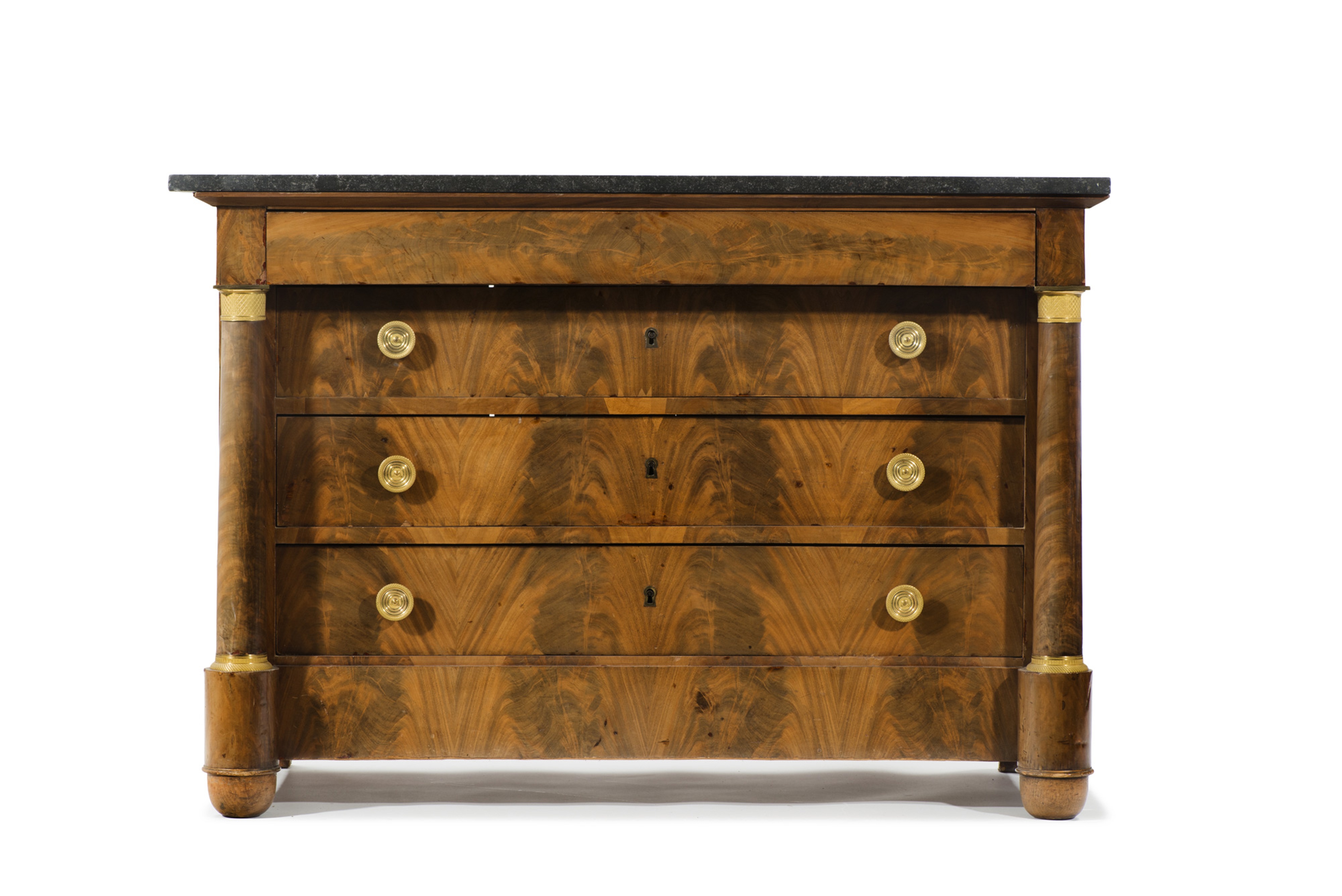 Commode De Poupée Ancienne Placage Acajou - 3 Tiroirs - Ht 34,5 Cm